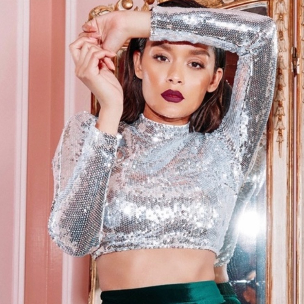 House of CB Silver Sequin Crop Top